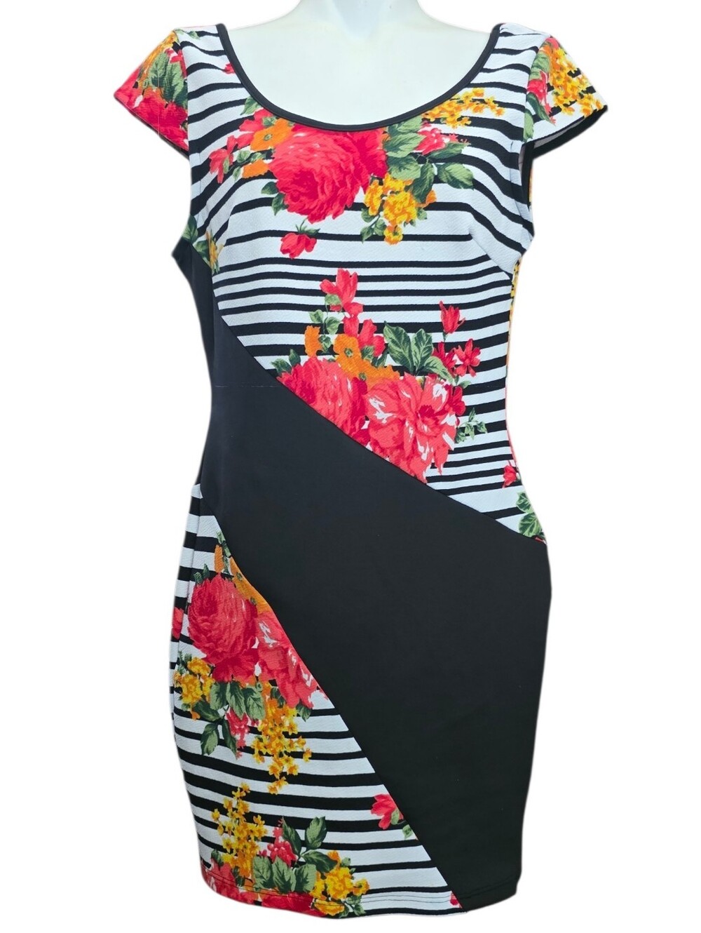 Cameo Black and Multi Floral Striped Mini Dress